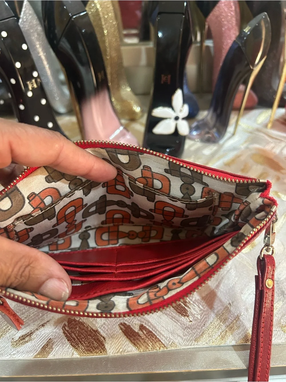 Vintage GG Red Embossed GG Leather Wristlet with Silver Chain Charm